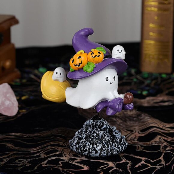 Bobbing Ghost on Broomstick with Witch Hat Swing Ghost Statue Ornament Decor - Picture 6 of 6